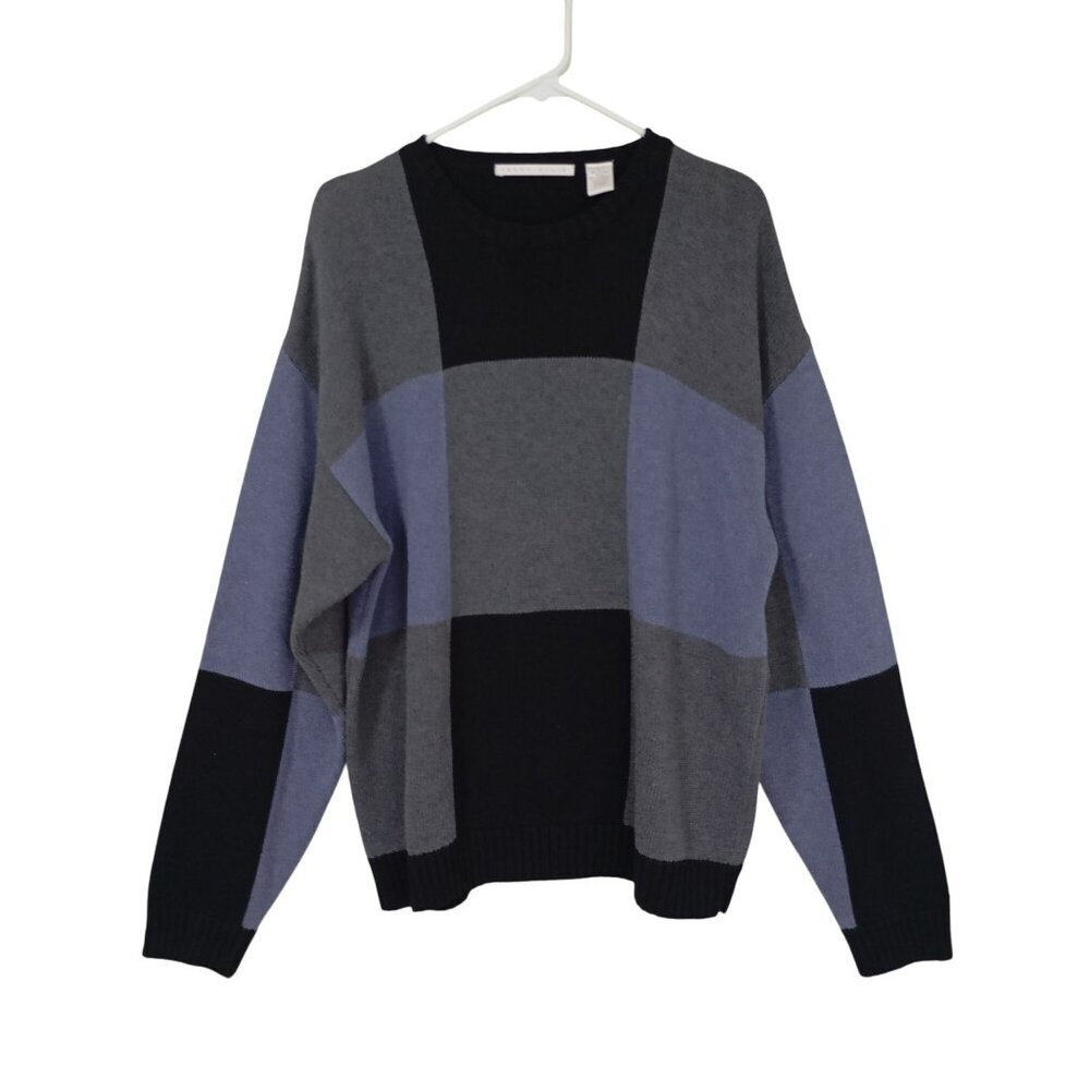 Perry Ellis Sweater Womens 100% Cotton Colorblock Gray, Black and Purple Size L